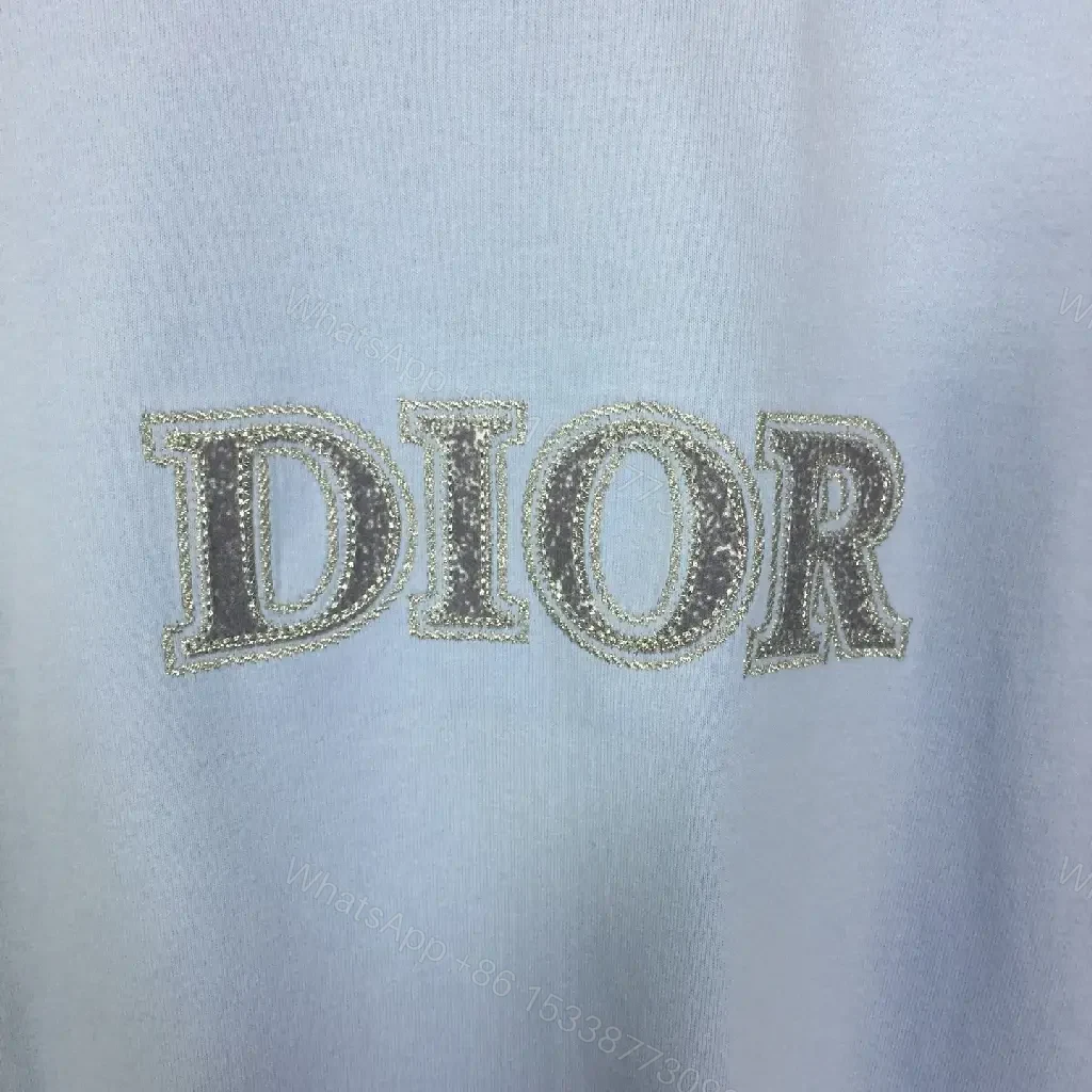 View 4 of Light Blue Oversized Tee with Sparkling DIOR Logo Embroidery, Short-Sleeve, Relaxed Fit