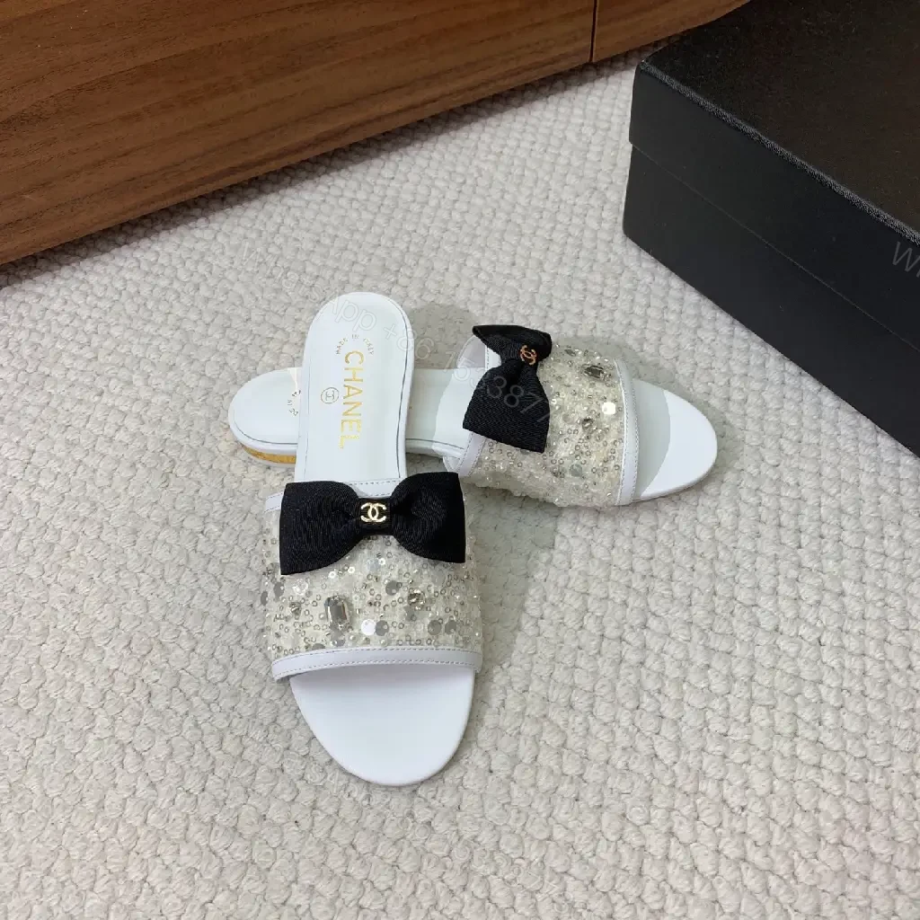 View 10 of White Crystal Glitter Sandals Satin Bow Chanel Style Sparkle Embellishments Slide Sandals