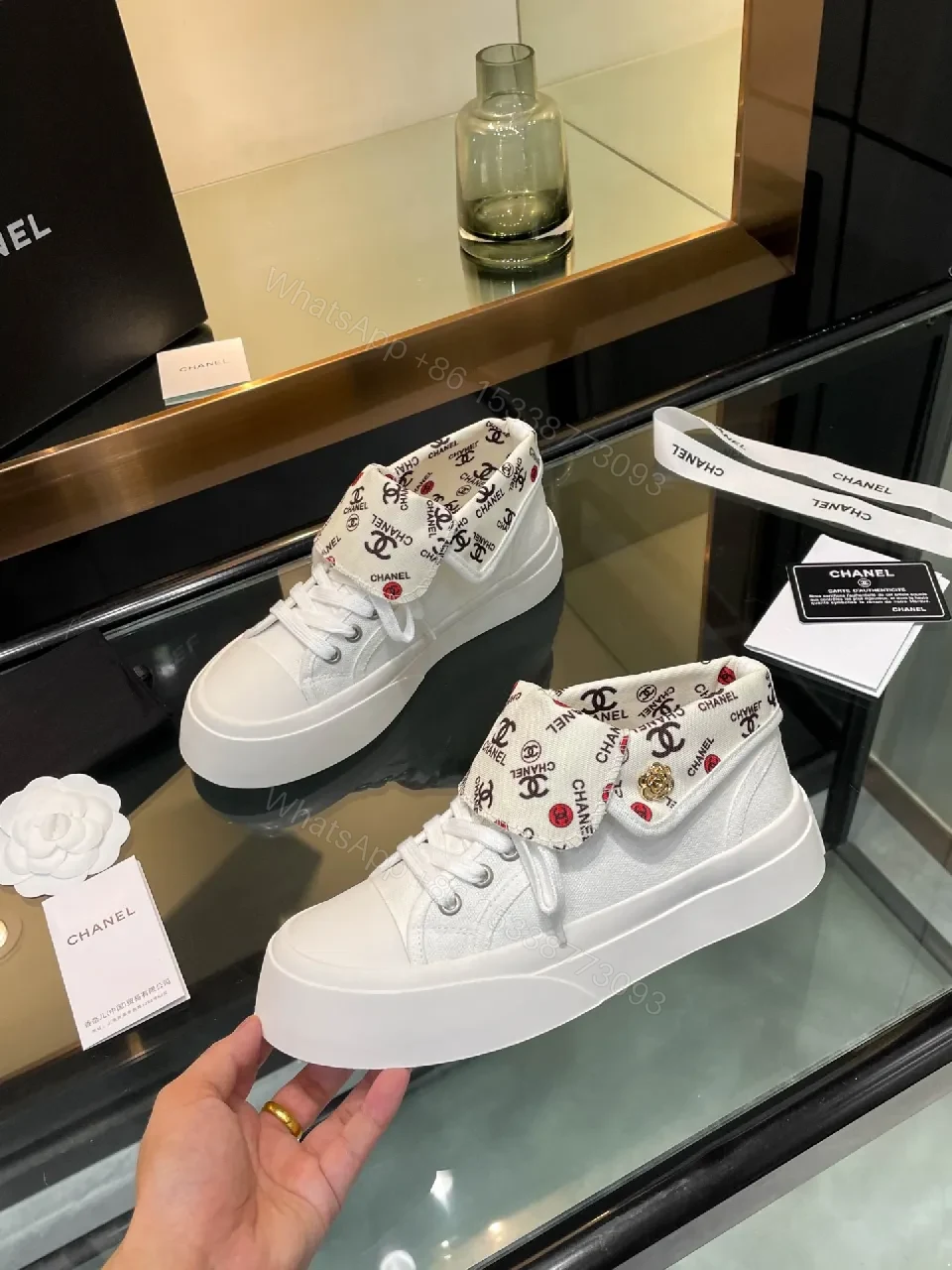 View 4 of White + Leather + High-Top + Signature Cuff Print + Sneakers