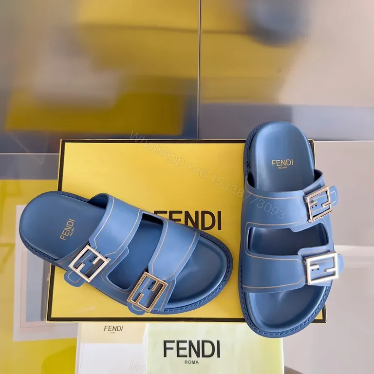 View 9 of Sky-Blue Fendi Leather Slide with Architectural Straps