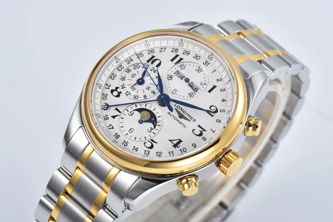 View 3 of Longines Master Collection Moonphase Chronograph Watch Silver Dial Two Tone Stainless Steel Bracelet Classic Elegant Style