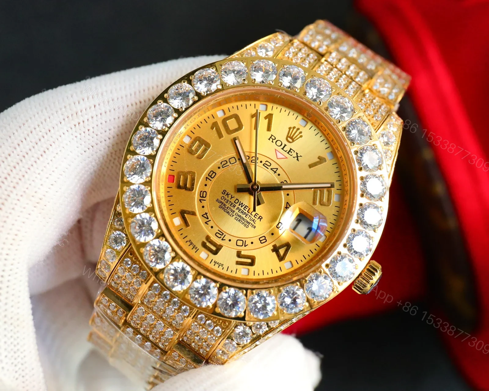 View 4 of Iced Out Sky-Dweller Gold Watch Full Diamond Bracelet Ultimate 42MM ROLEX-SKY-DWELLER-GOLD-ICED-FULL-DIA-42
