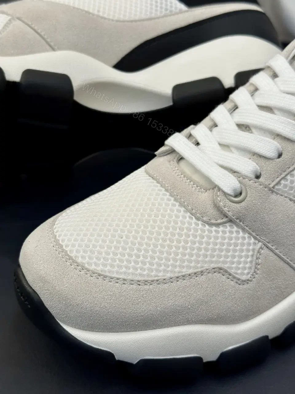 View 8 of Beige Leather Mesh Runner Sneaker with Black Accent, Prada Style