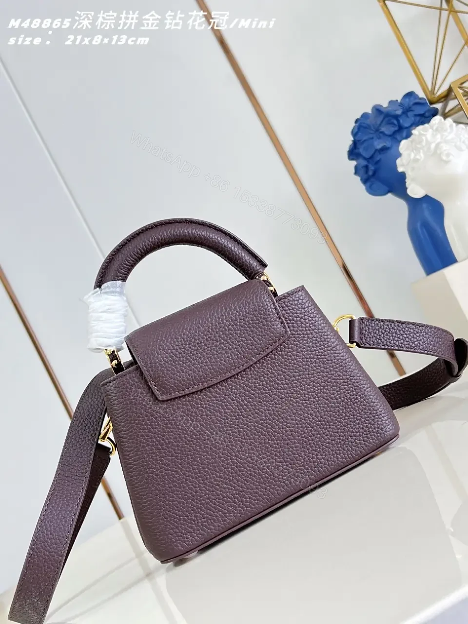 View 3 of Compact Pebbled Leather Handbag with Gold Hardware, Brown, Crossbody/Top Handle