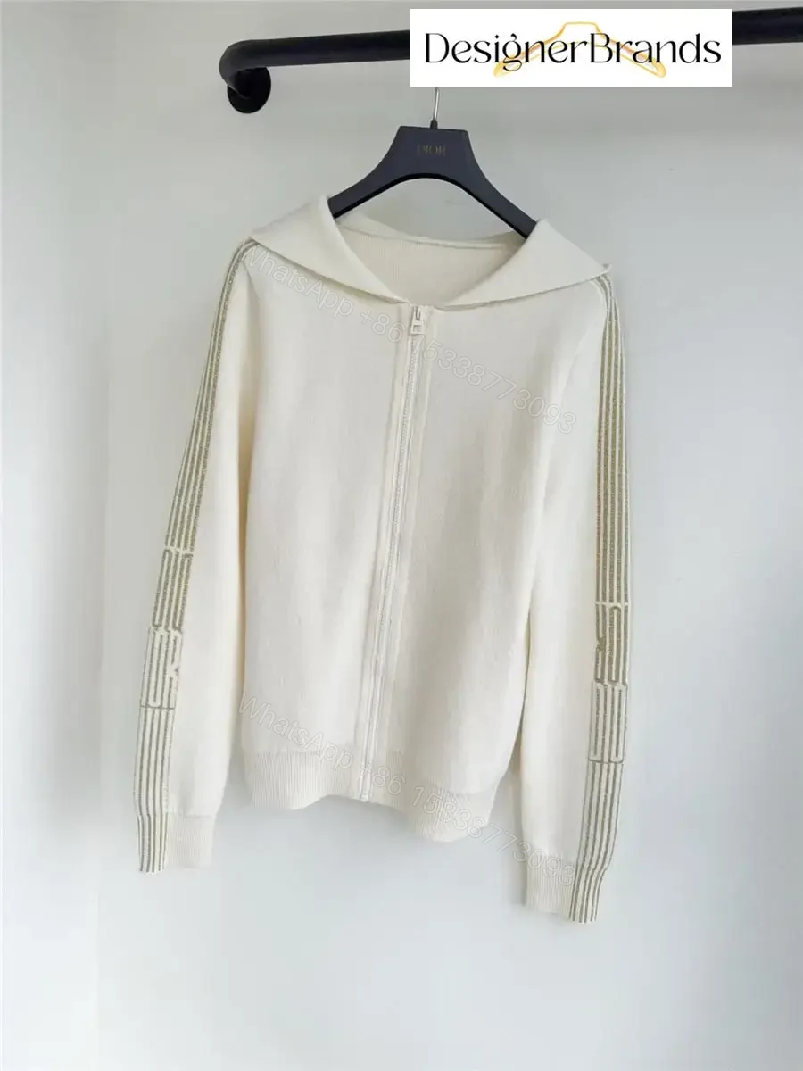 View 2 of Off-White Zip Hoodie with Striped Sleeves: Subtle Luxury Hoodie