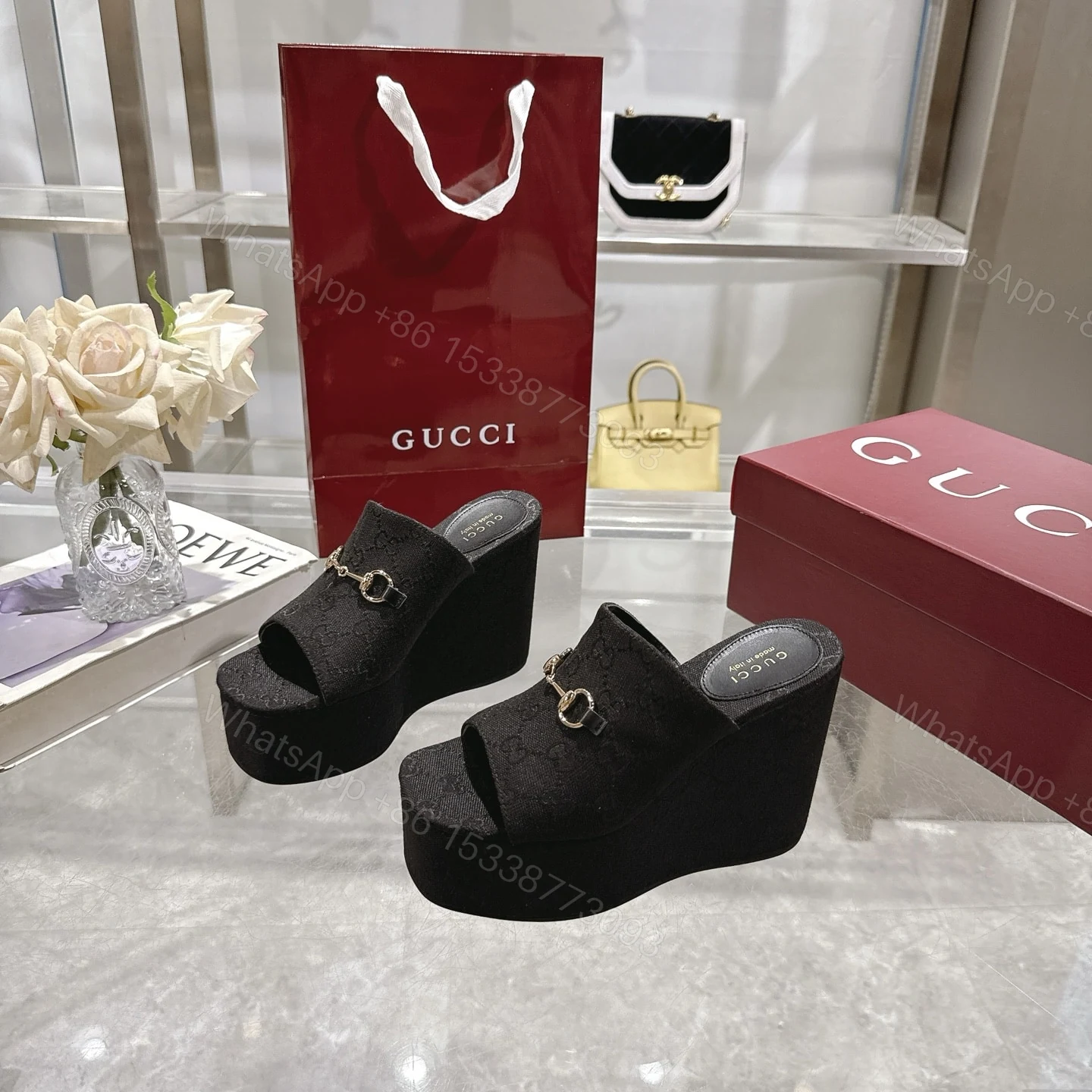 View 4 of GUCCI WOMEN’S WEDGE SANDAL WITH HORSEBIT BLACK 816328 FAB10 1000