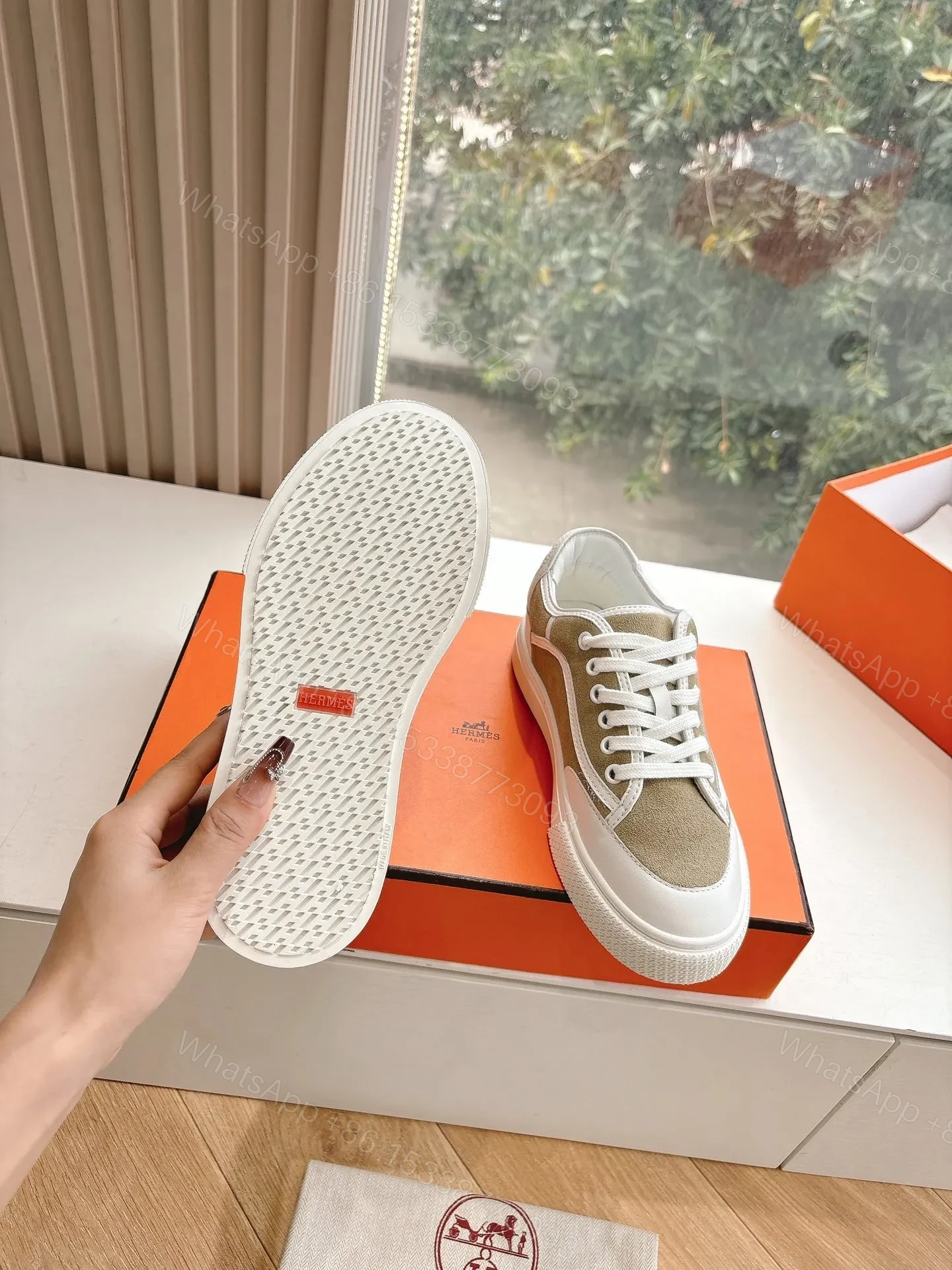 View 2 of Hermes Women Beige Suede White Leather Sneakers