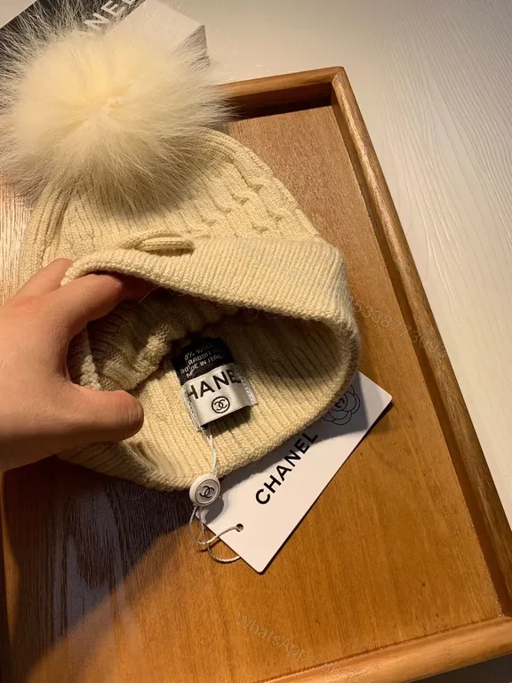 View 3 of Lux Knit Beanie with Fur Pom â€” Ivory, Chanel Charm, Luxury Style
