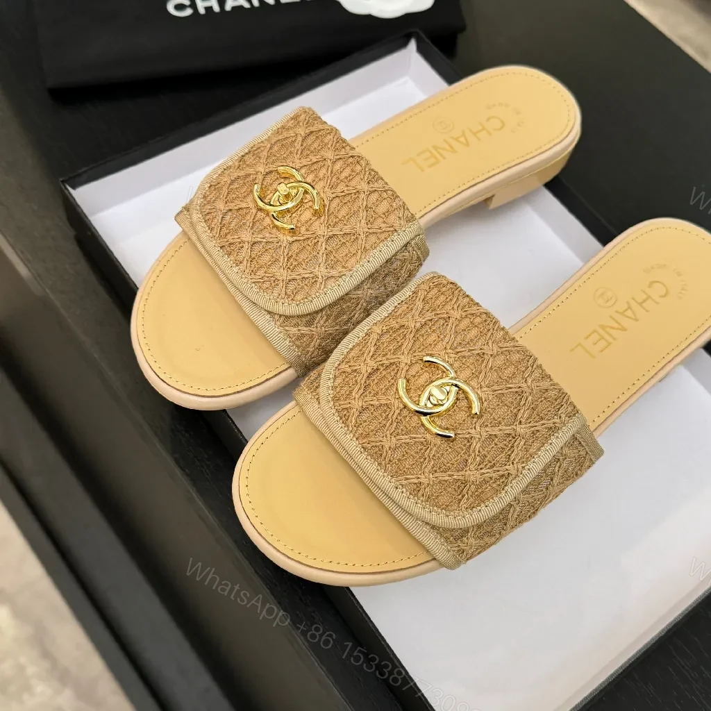 View 9 of Beige Textured Slides with Gold Logo Luxury Comfort