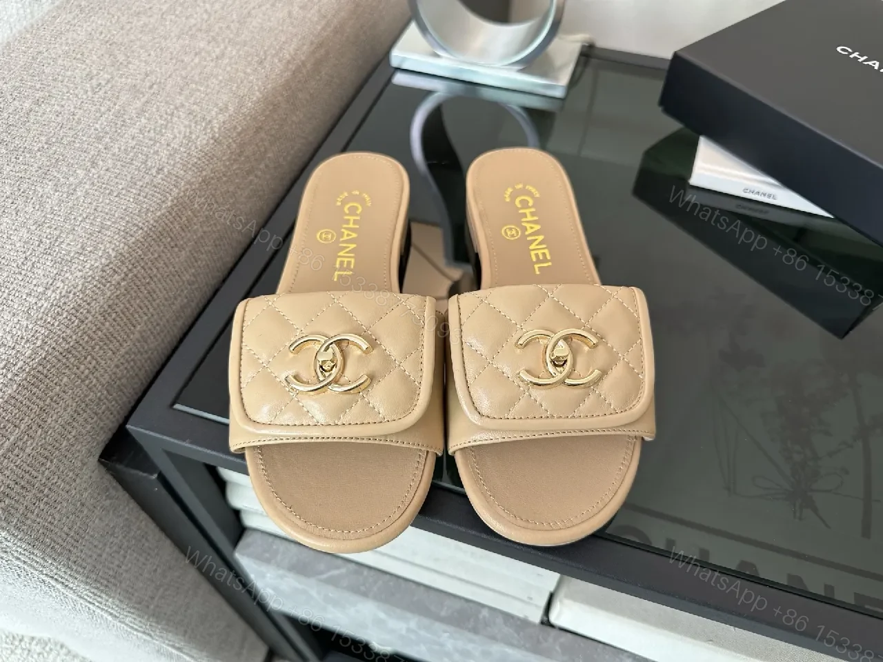 View 3 of Beige Quilted Slip-Ons with Gold Hardware Sandals