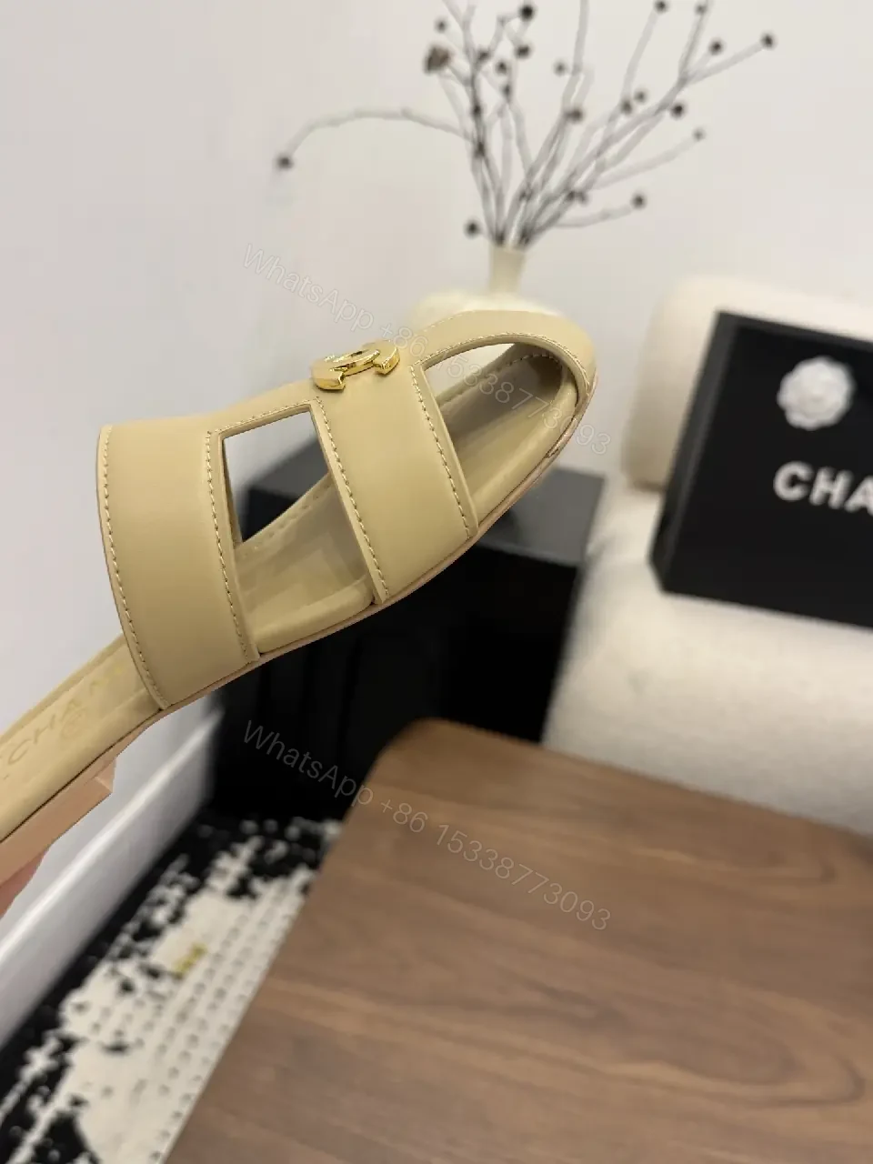 View 4 of Beige Leather Slide Sandals with Chanel Logo, Flat Heel