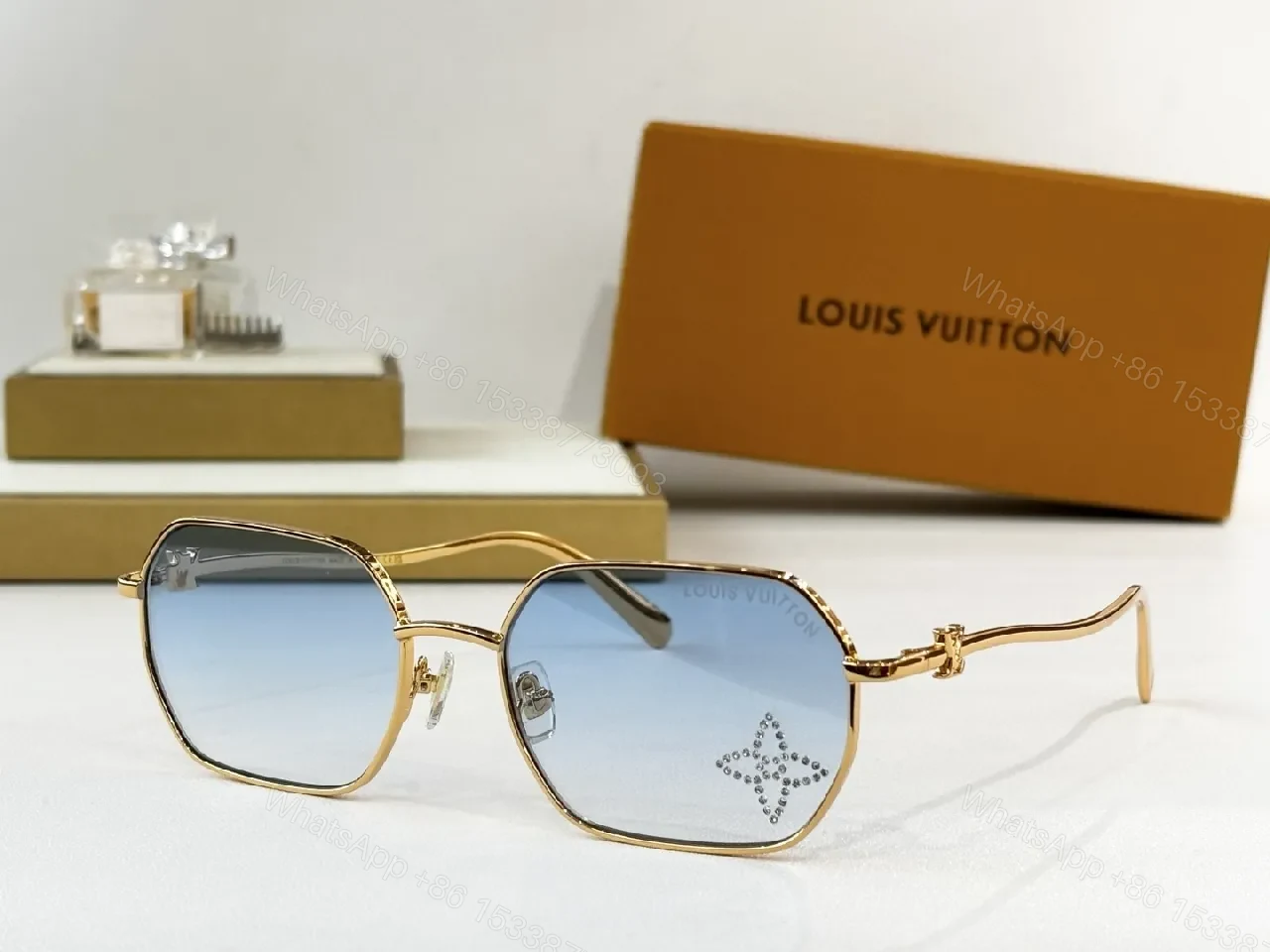 View 7 of Gold-Frame Sunglasses with Gradient Lenses and Diamond Accents, Luxury Style