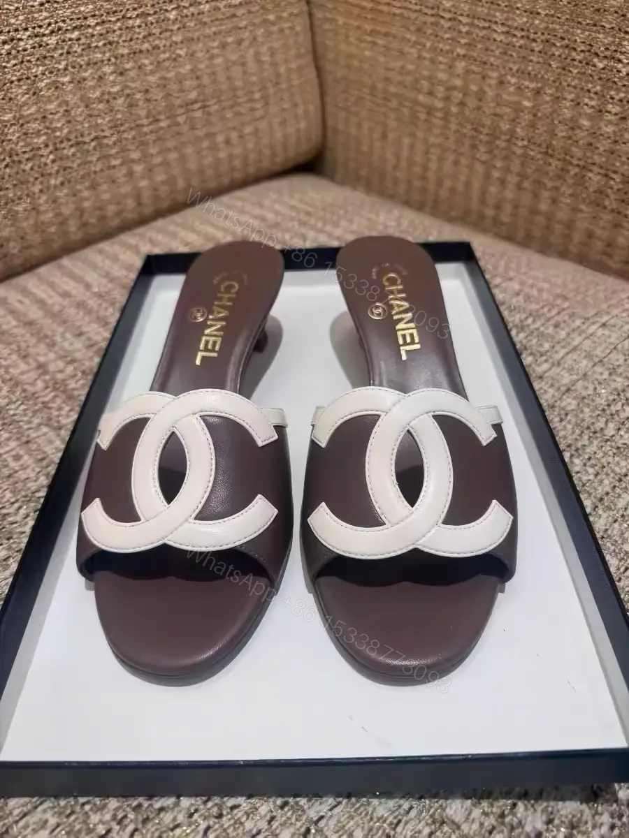 View 4 of Brown Leather Slides White Logo Interlock Chanel Sliders