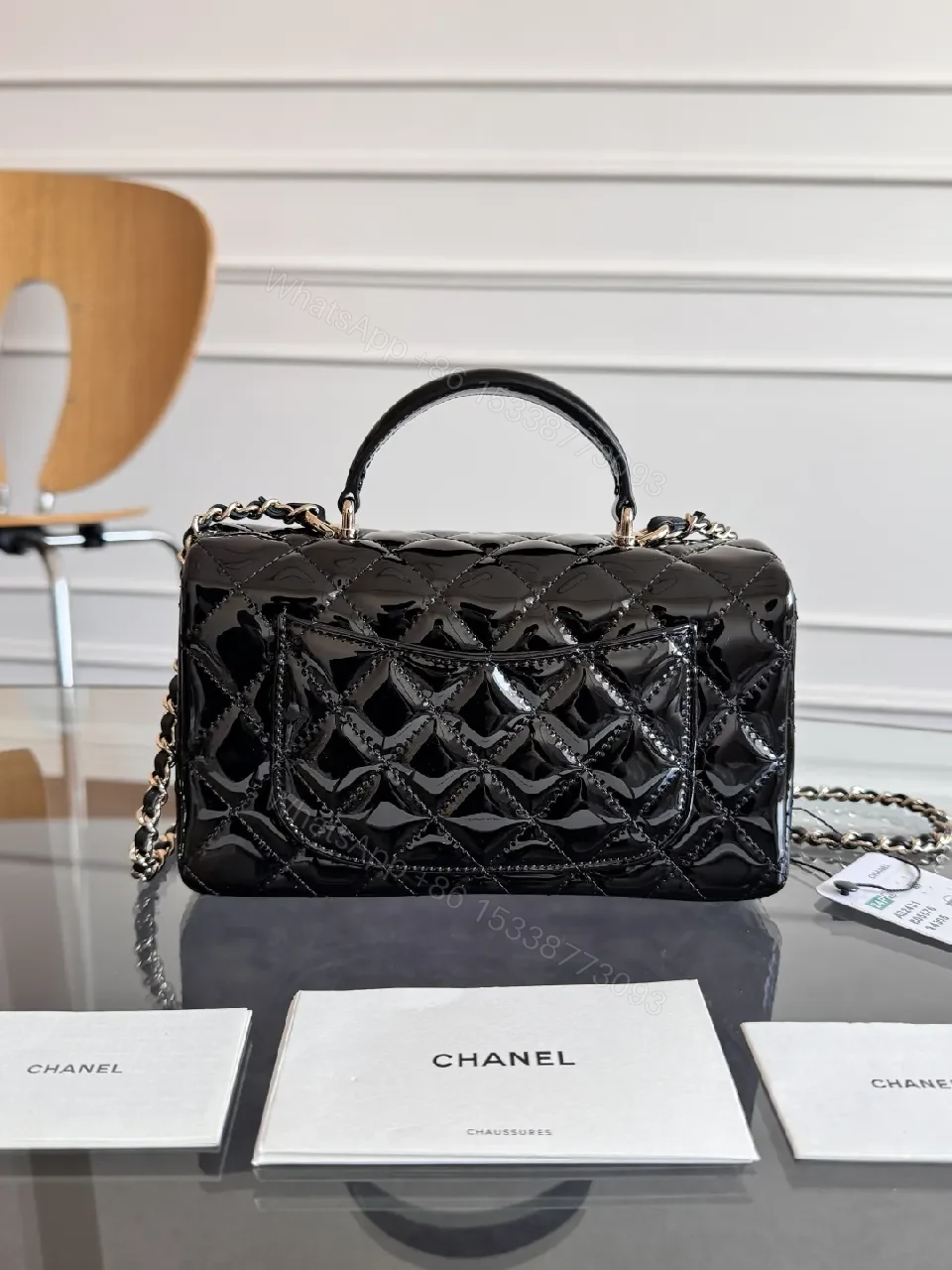 View 6 of Black Velvet Quilted Bag - Chanel-Inspired Flap Handbag