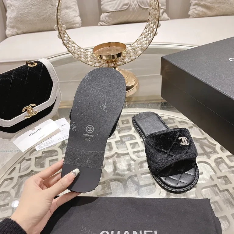 View 4 of Chanel Velvet-Trim Slide Sandals: Luxe Comfort Sandals