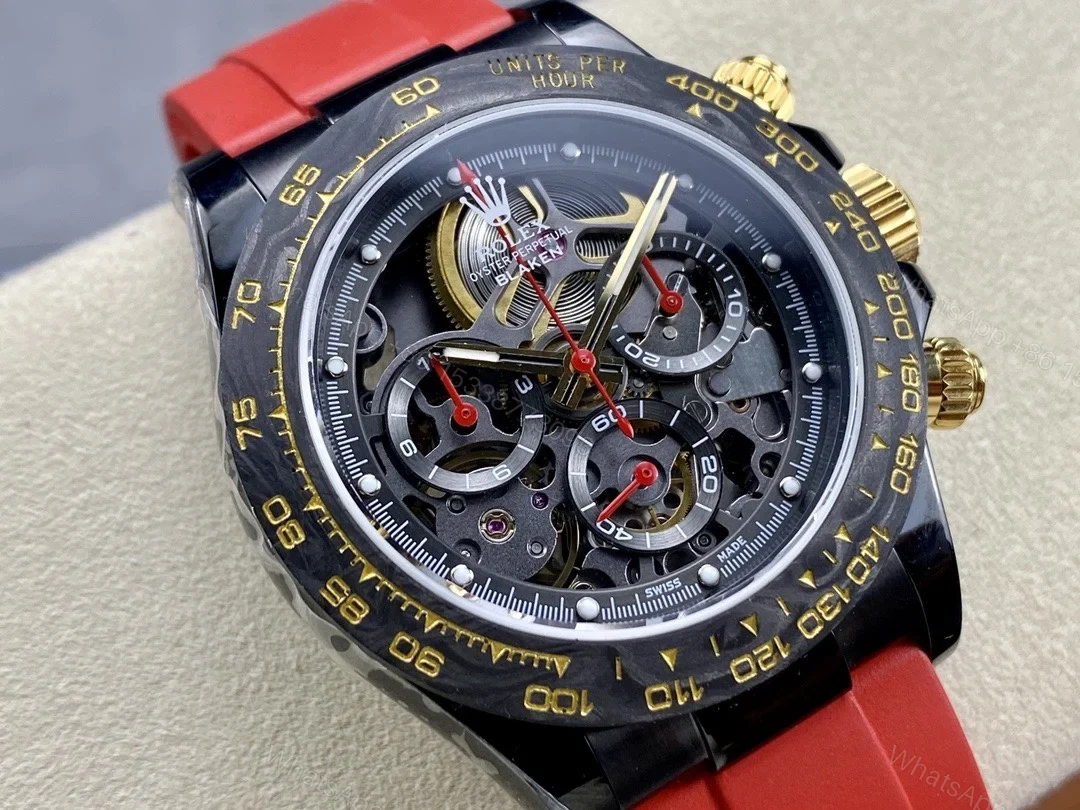 View 2 of Replica Rolex Daytona Blaken Skeleton Dial Red Rubber Strap 40mm