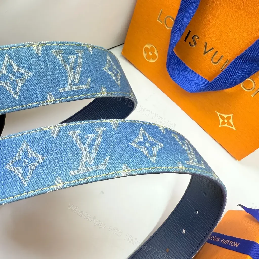 View 2 of Denim-Print Belt with Monogram Hardware: Luxury-Casual Belt