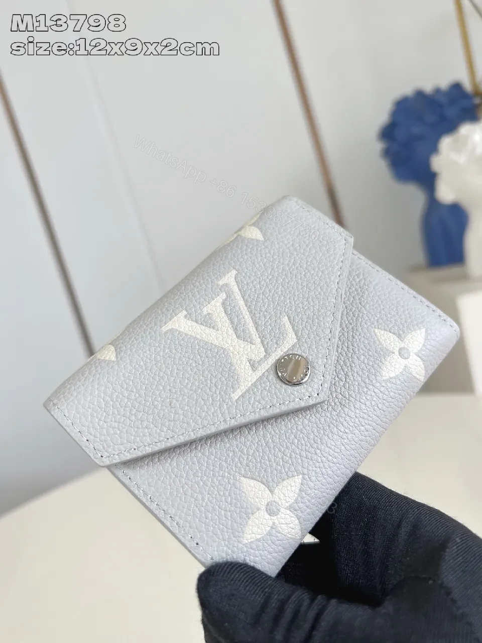 View 2 of Gray Leather Compact Monogram Wallet with Signature Motif