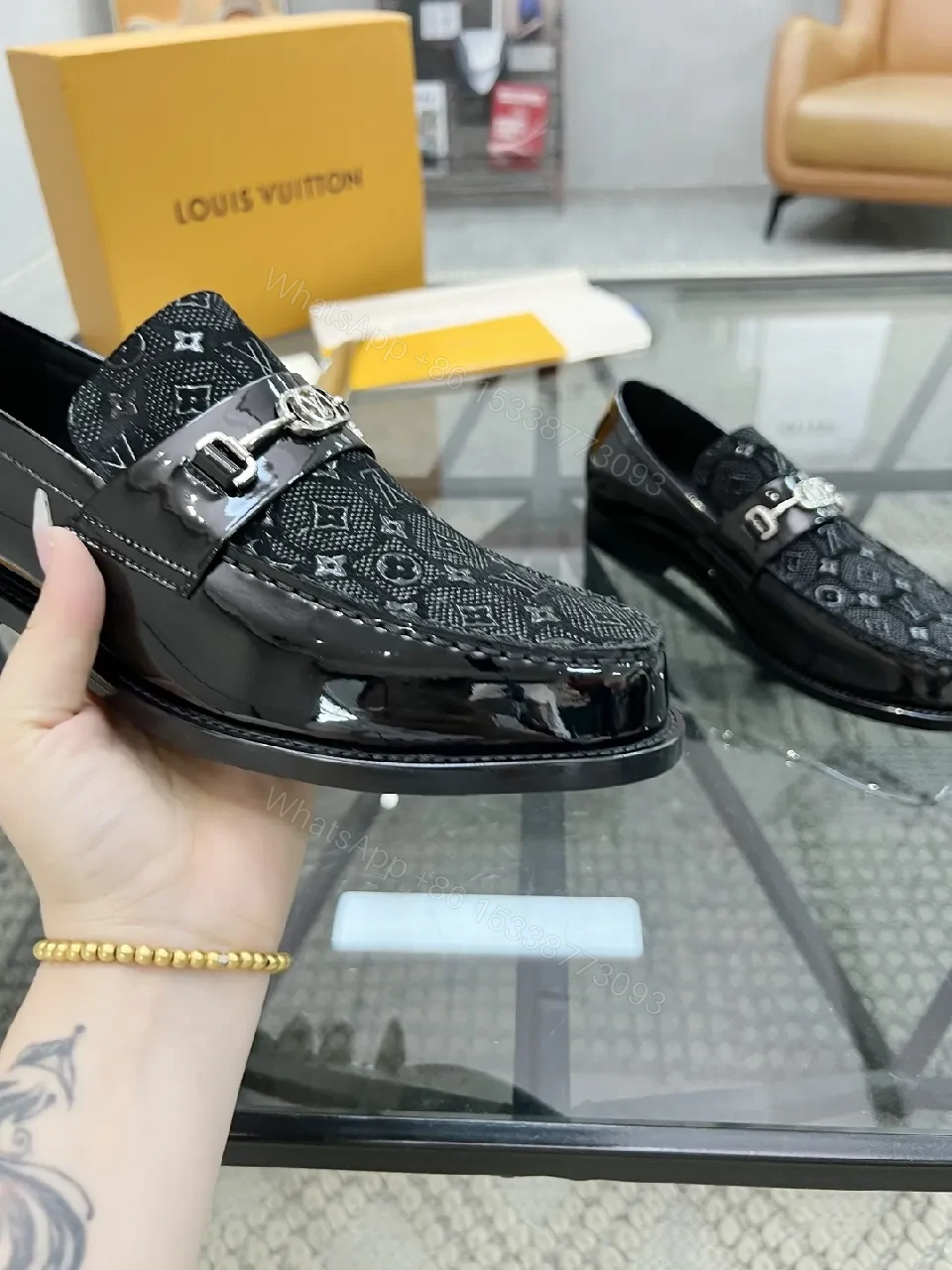 View 4 of Lux Black Patent Leather Loafers with Monogram Texture and Silv