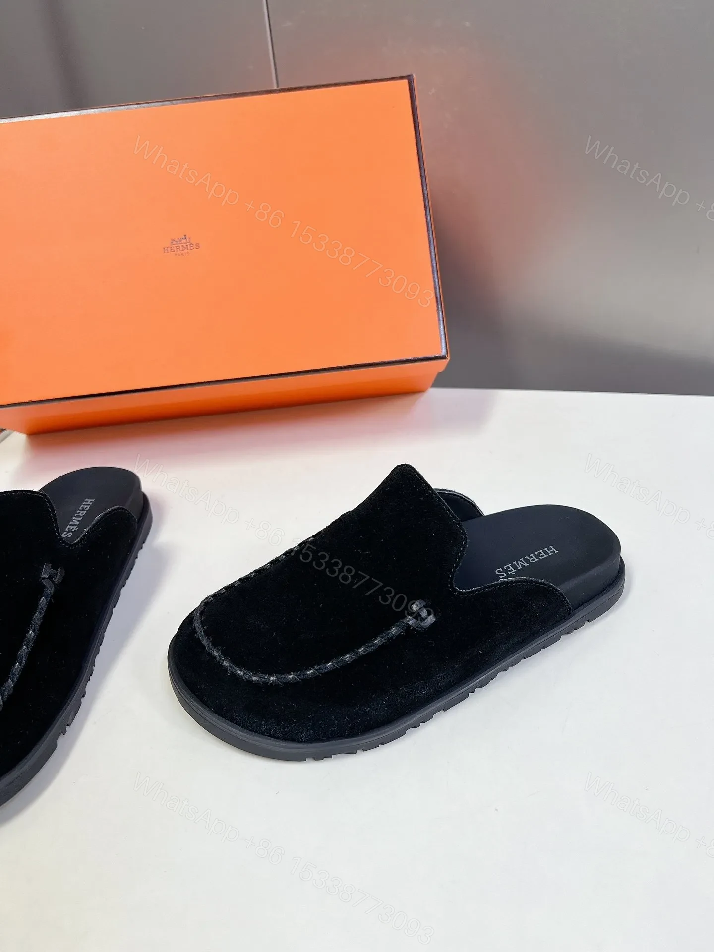 View 4 of Hermes Women Black Suede Slippers