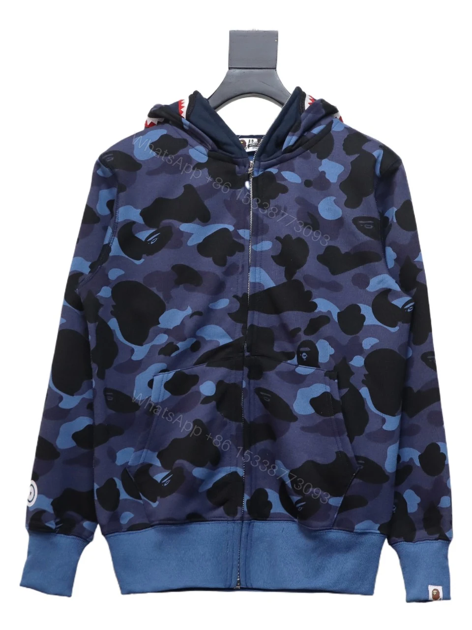 View 8 of BAPE Shark's Head Tiger's Head Zipper Camo Double Hoodie Dark Blue
