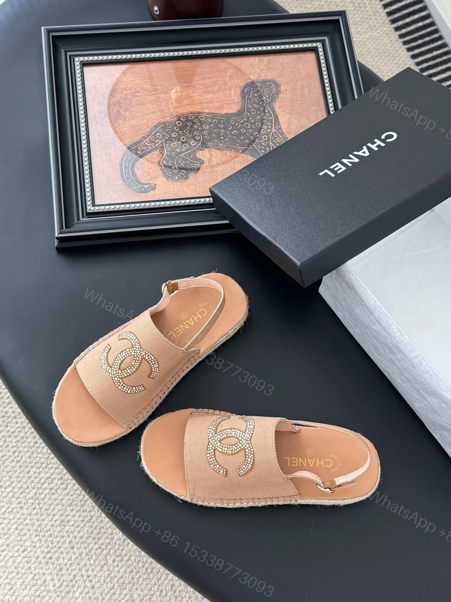 View 6 of Chanel Women Beige Canvas Crystal Logo Sandals