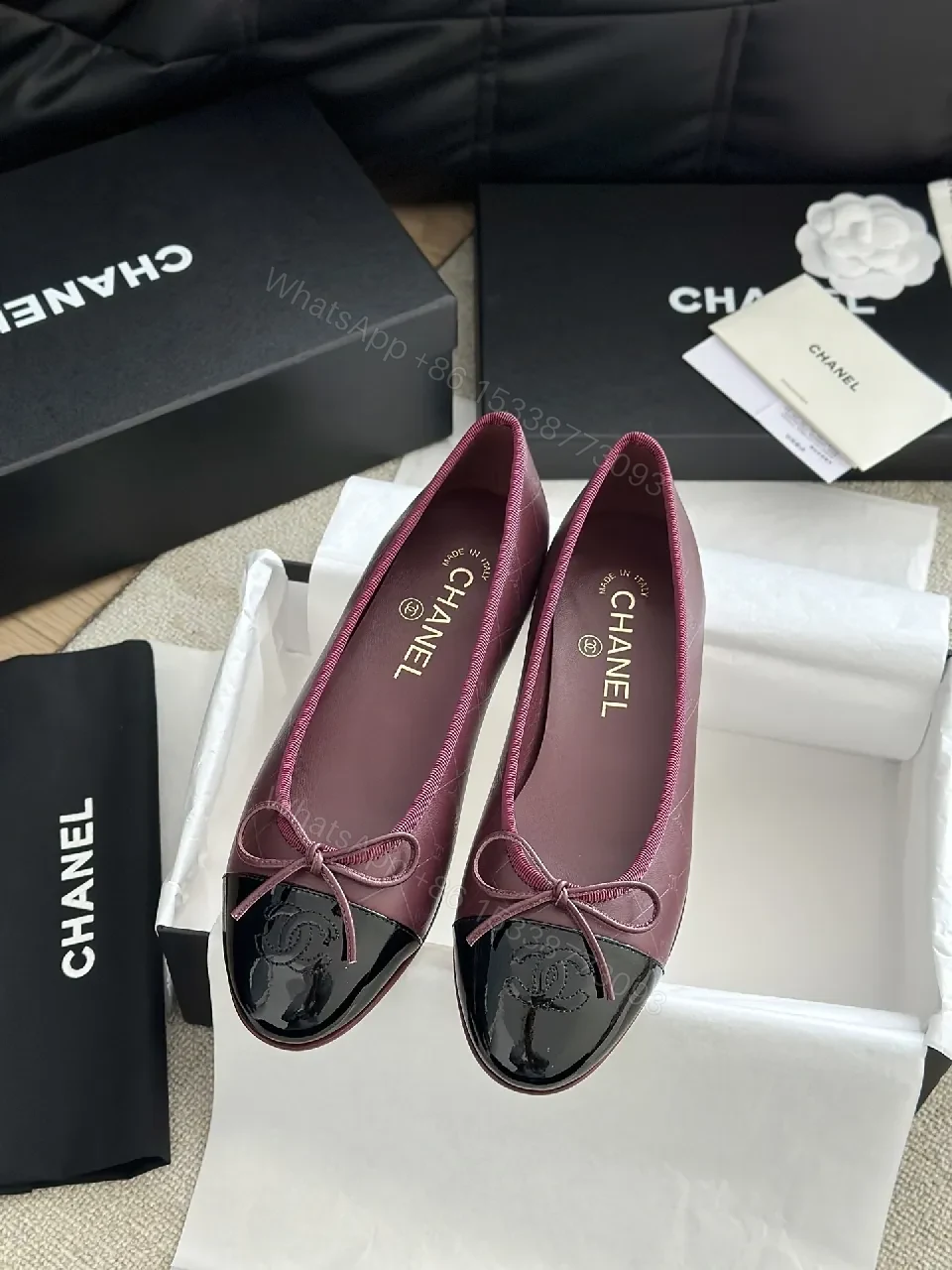 View 8 of Burgundy Satin Ballet Flats with Patent Cap Toe