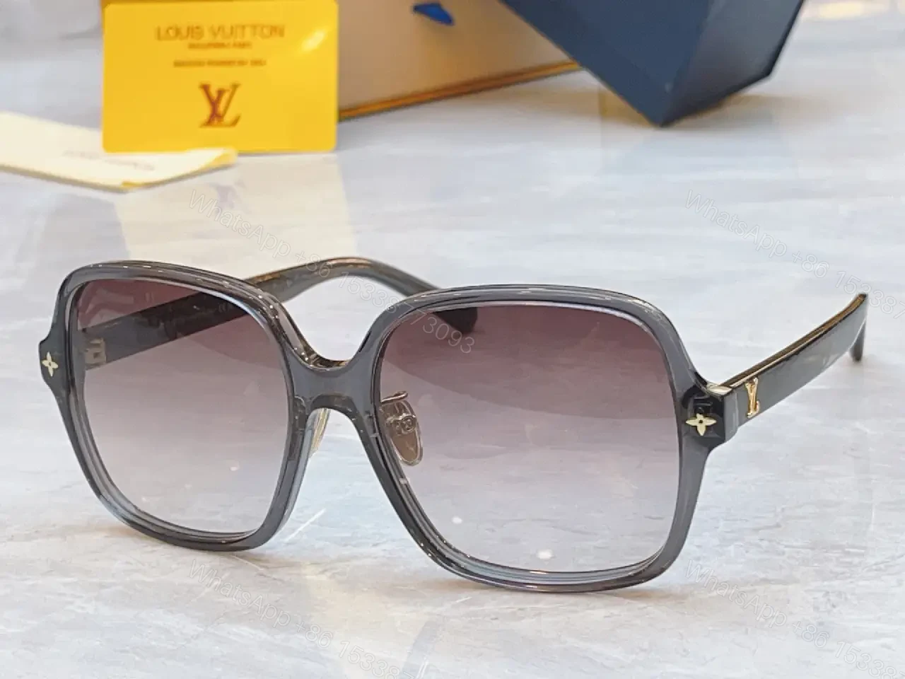 View 3 of Gray Glossy Square Sunglasses Gradient Lenses, Metal Accents, Luxury Style, Louis Vuitton Temples (No Brand Details)
