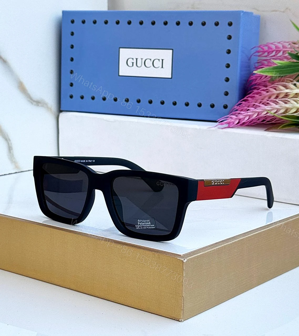 View 3 of Gucci Square Sunglasses Green Lens Brown Frame