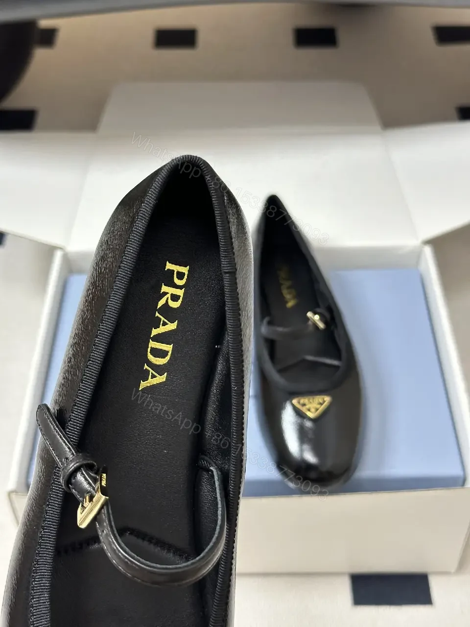 View 2 of Black Leather Ballerinas Prada Logo Classic Style Gossamer Comfort Shoes