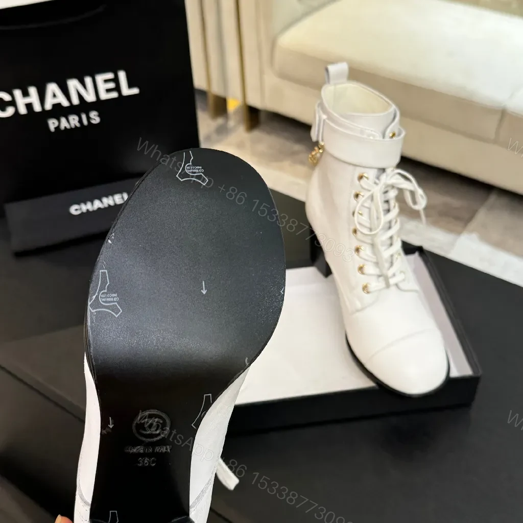 View 2 of White Leather Combat Boots with Gold Chain Detail
