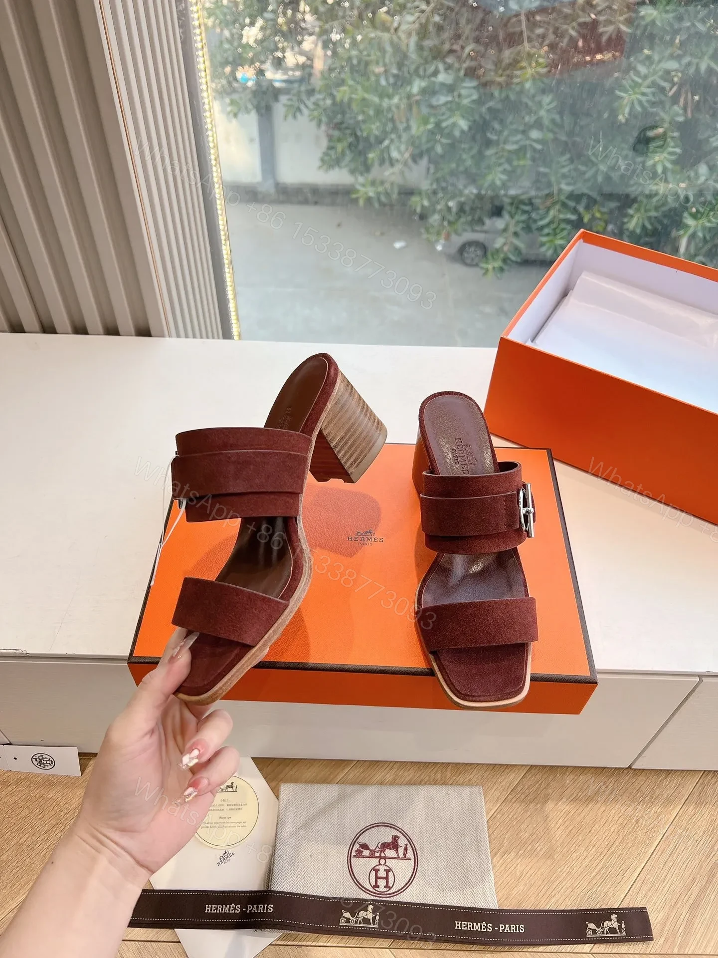 View 6 of Hermes Women Brown Suede Leather Mules