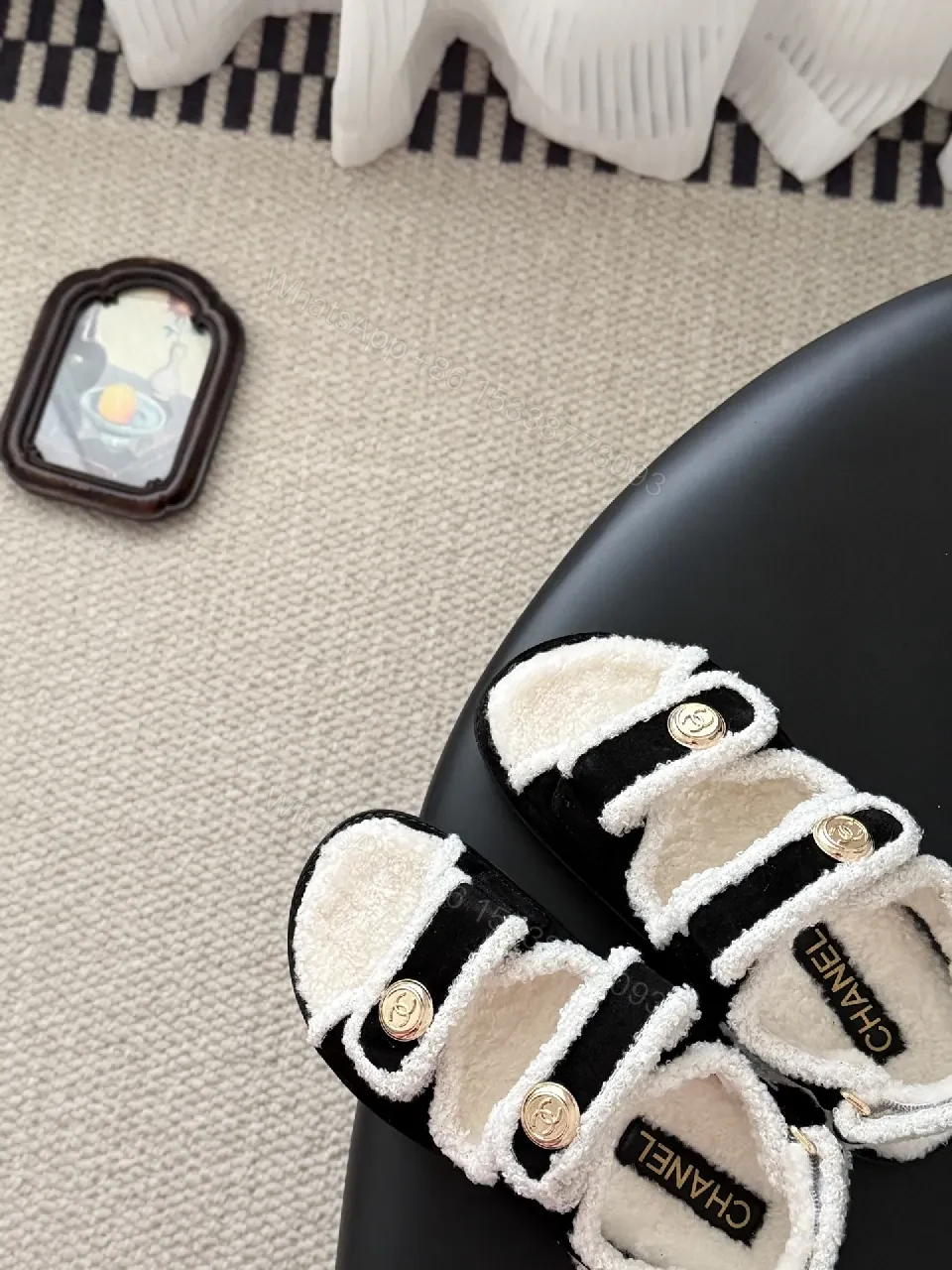 View 7 of Cozy-Luxe Sandals: Plush Comfort, Black Ivory Trim, Open-Toe Luxury