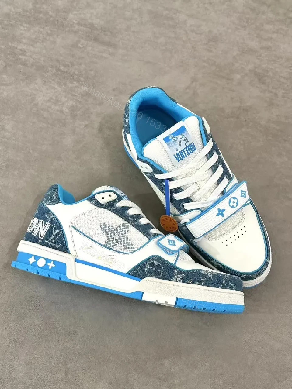 View 2 of Colorful Camouflage-Blue LV-Inspired High-Top Sneakers