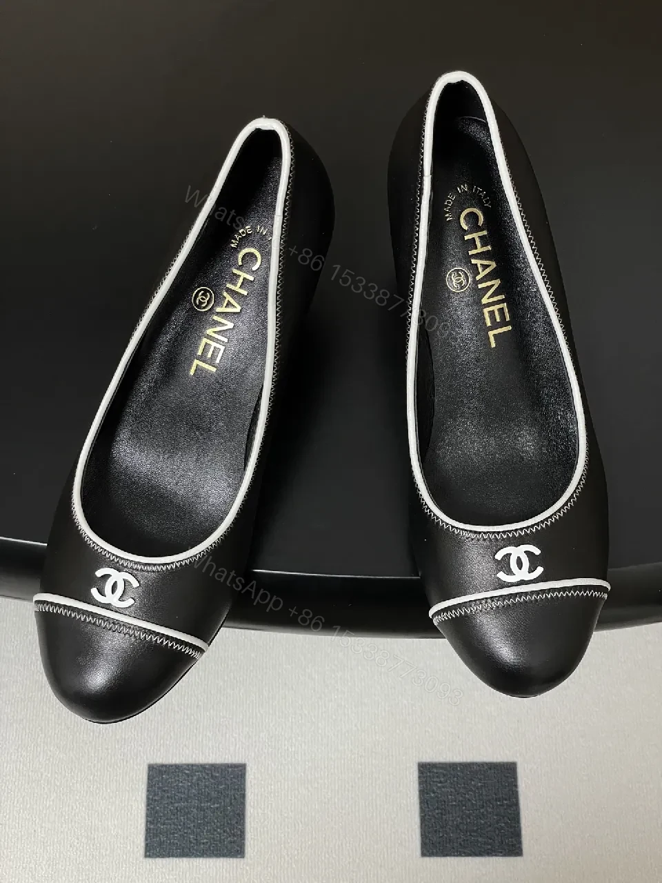 View 5 of Black Leather Kitten-Heel Pumps with Signature Detailing