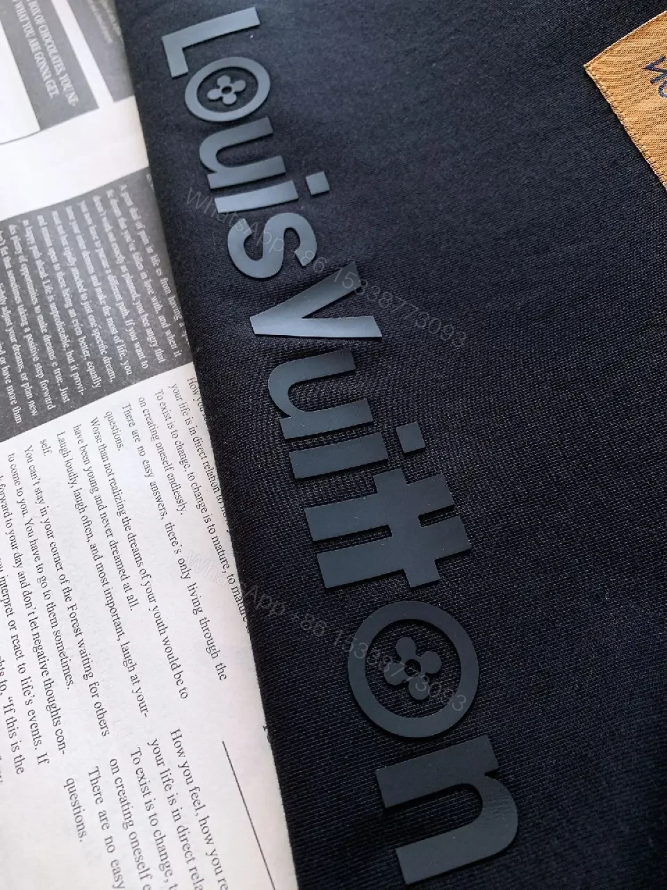 View 8 of Black Solid Cotton Tee, Relaxed Fit, LV Logo Chest Crewneck Shirt