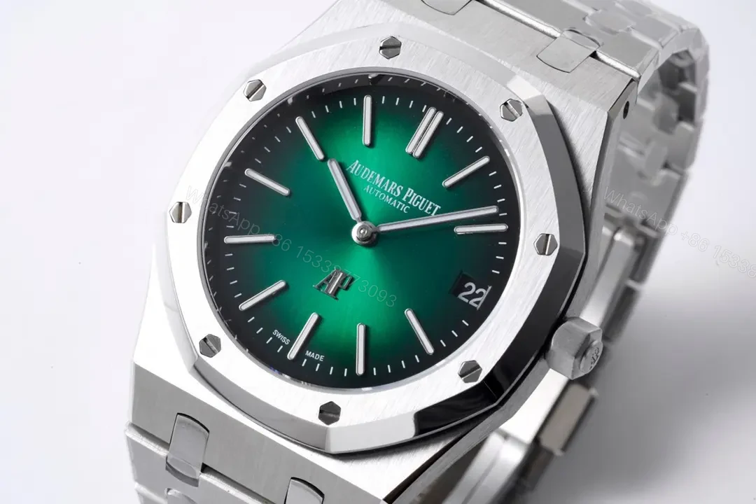 View 2 of KZ Factory Audemars Piguet Royal Oak 15202 Stainless Steel Watch with Green Dial and Petite Tapisserie Pattern