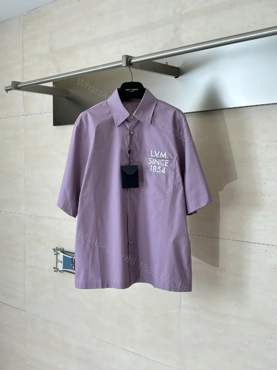View 3 of Lavender Cotton-Blend Short-Sleeve Shirt with Logo