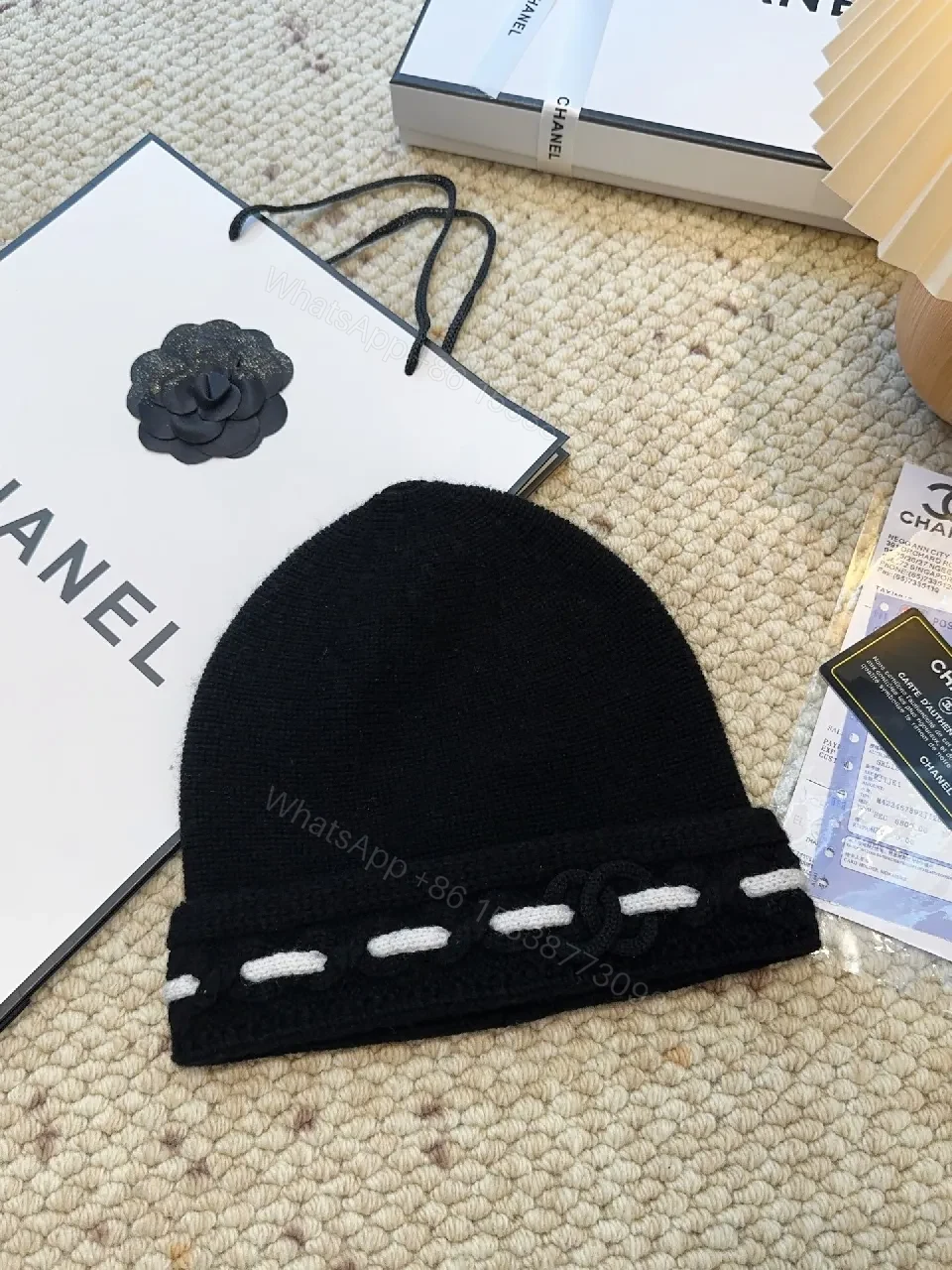 View 9 of Black Knit Scarf with White Stitching — Luxury Cozy Accessory