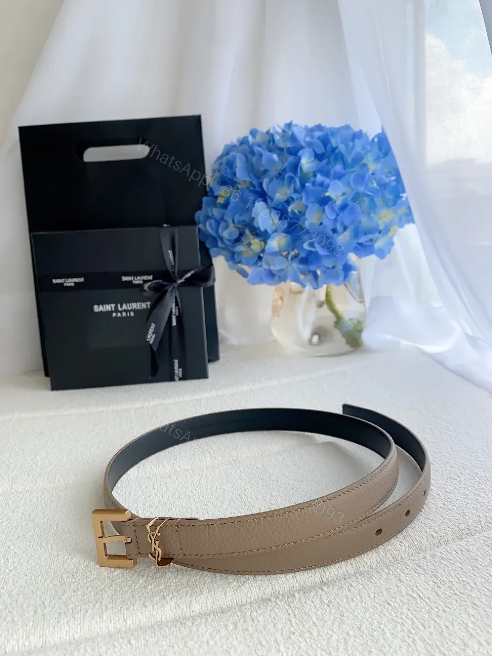 View 5 of Beige Leather Belt with Gold Hardware — Designer-Inspired Style
