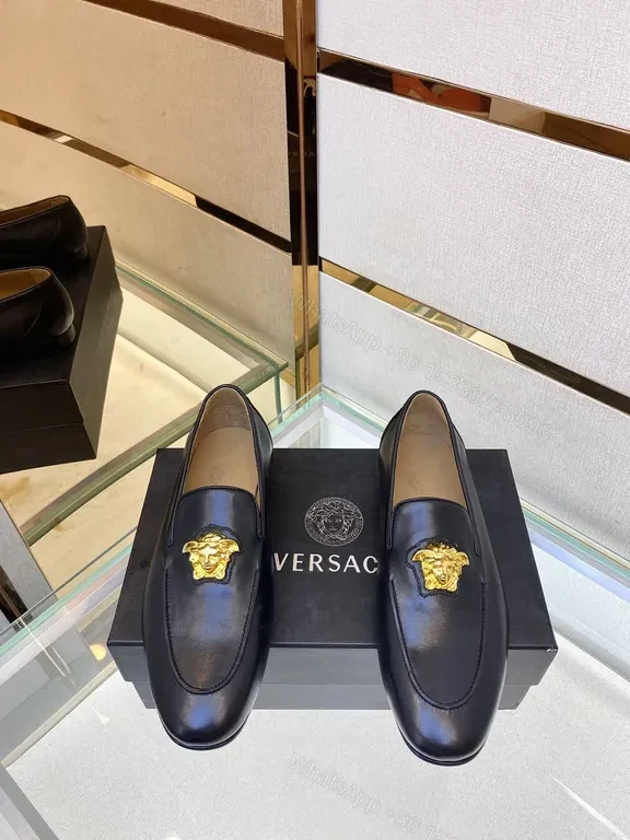 View 9 of Navy Calfskin Loafers + Gold Medusa Buckle â€” Versace-Inspired Luxury