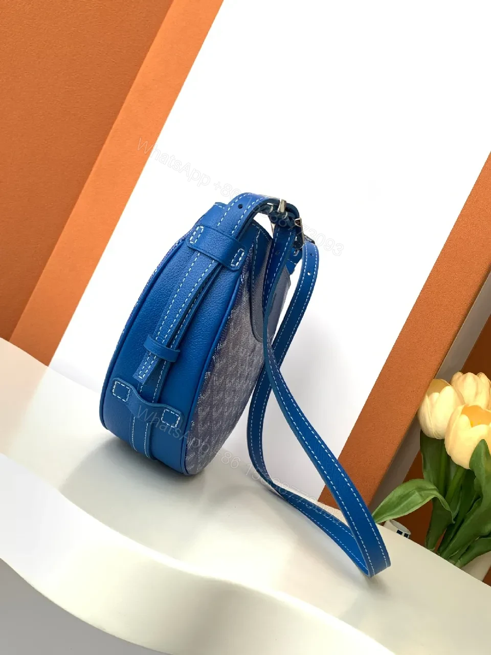 View 4 of Blue Textured Crossbody Bag in Royal Blue Leather