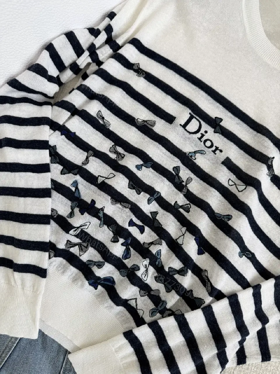 View 9 of Cream Knit Sweater Navy Stripes, Embroidered Bows, Ribbed Crewneck