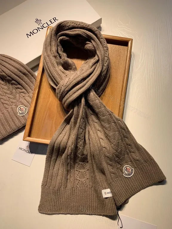 View 6 of Taupe Wool-Blend Moncler Knit Set: Beanie & Scarf, Luxury Winter