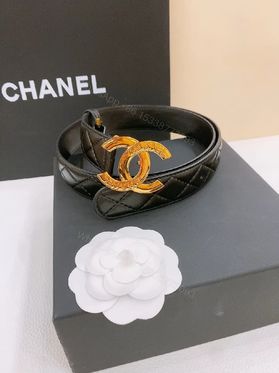 Black Quilted Leather Belt with Gold Double-C Logo Buckle — view 1