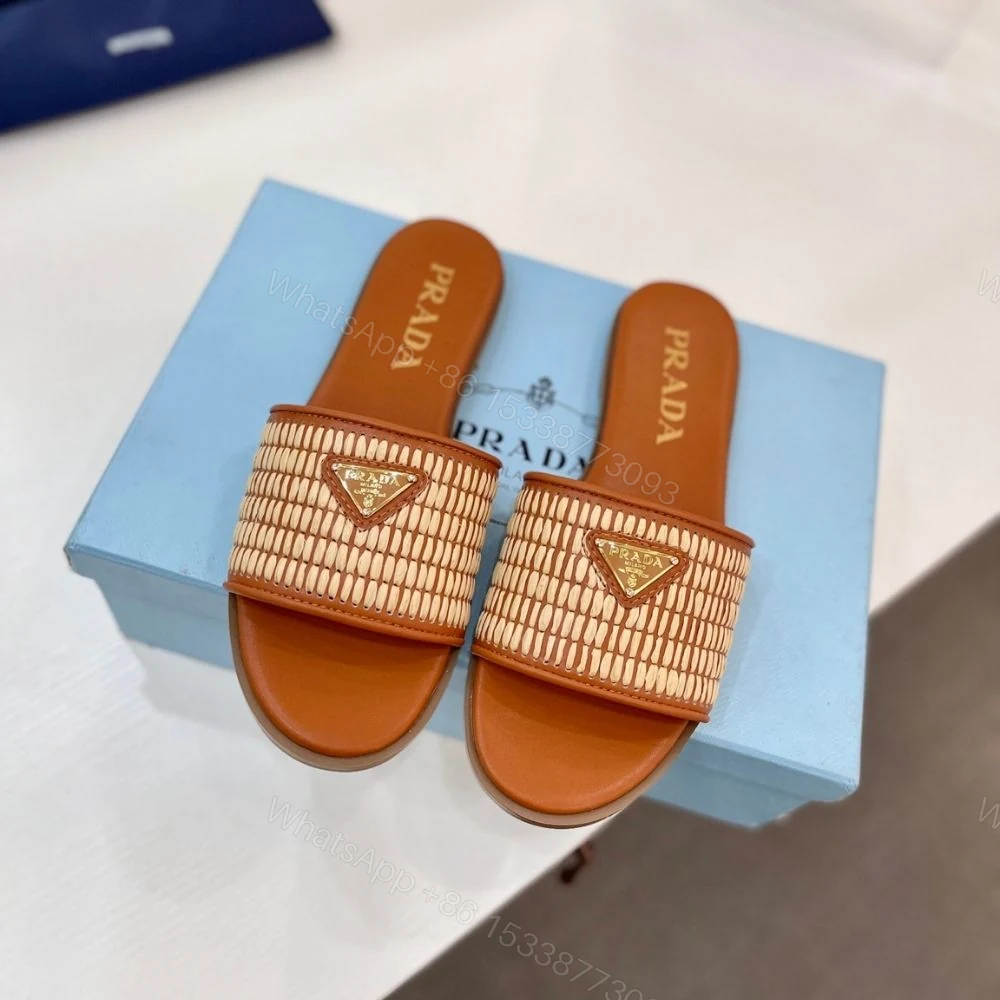 View 3 of Prada Leather Slides With Crochet Details Cognac Brown