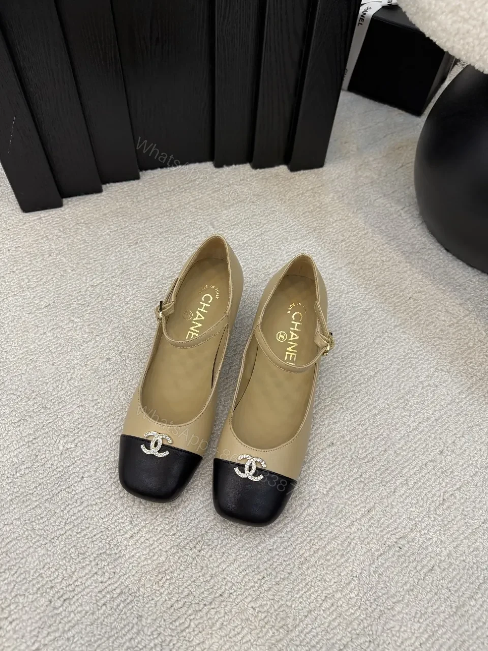 View 3 of Two-Tone Leather Midi Heel Pumps with Cap Toe Shine