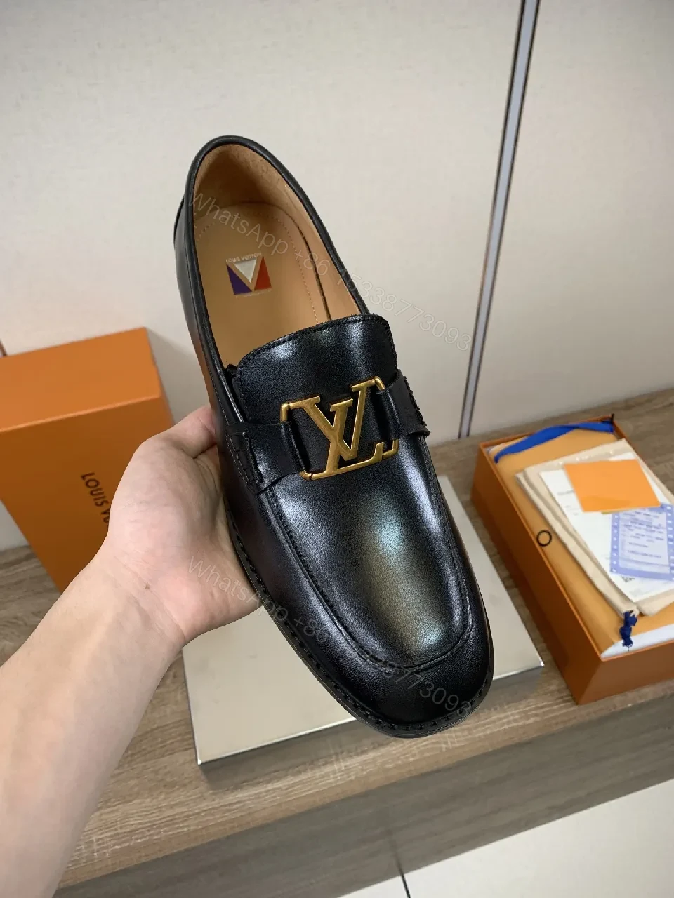 View 6 of Chic Black Leather Penny Loafers with Gold Hardware