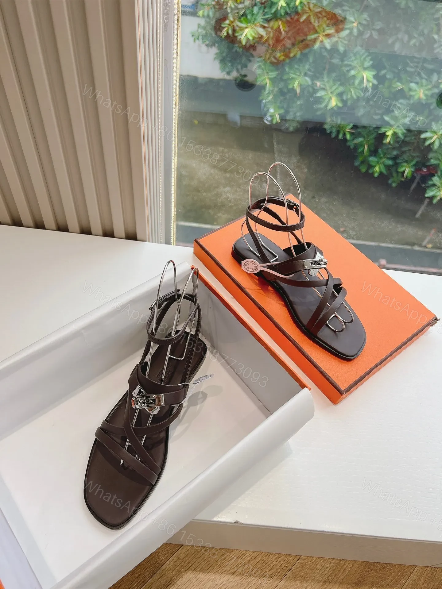 View 4 of Hermes Women Dark Brown Leather Strappy Sandals