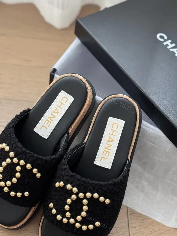 View 6 of Chanel-Inspired Black Knit Slides with Gold Logo Accents